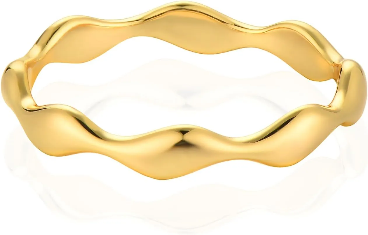 MEVECCO 14K Gold Ring Dainty Wave Ring Gold Plated Band Stackable Minimalist Ring for Women Trendy Fashion Jewelry