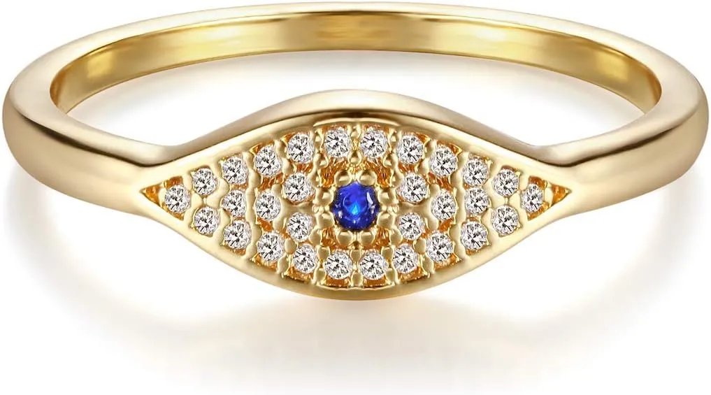 MEVECCO Gold Cubic Zirconia Blue Evil Eye Stacking Ring,14K Gold Plated Dainty Sapphireblue Colored Band Stackable Rings