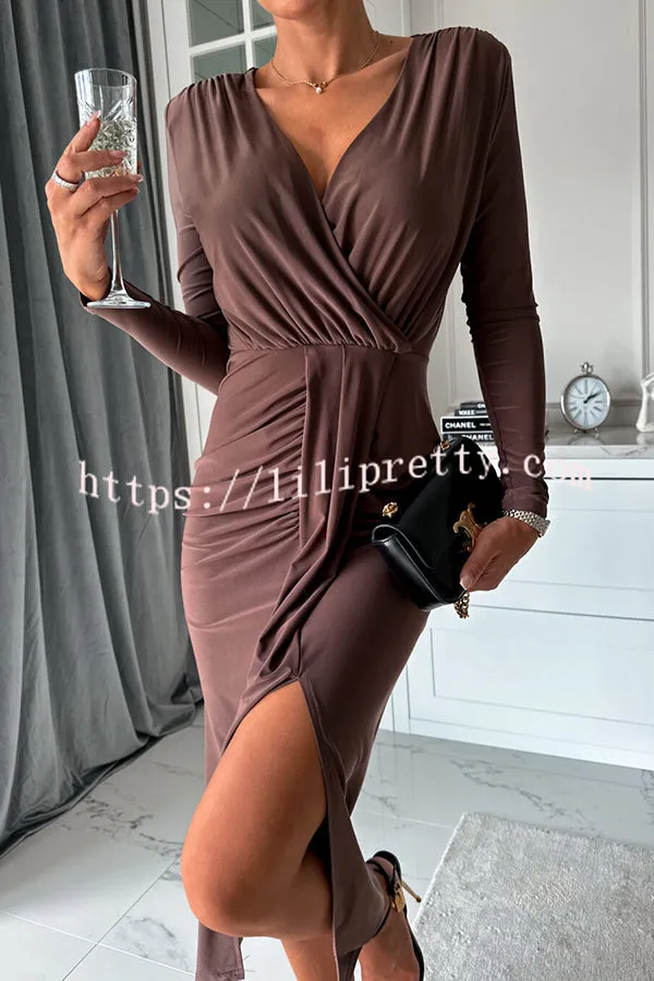 Miaoih Slim Fit V Neck Pleated Long Sleeve Midi Dress