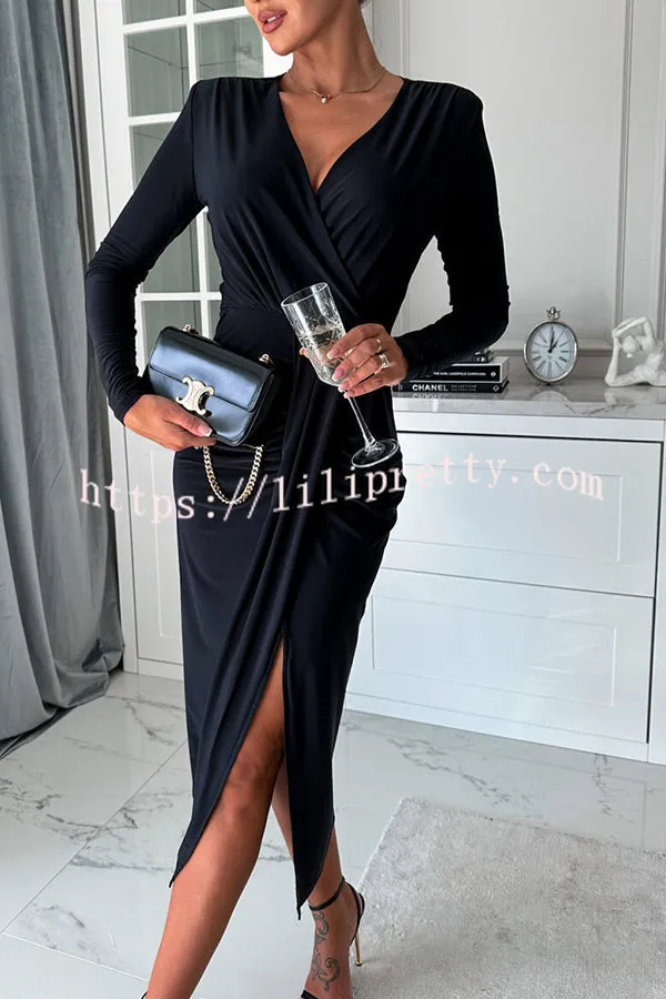 Miaoih Slim Fit V Neck Pleated Long Sleeve Midi Dress