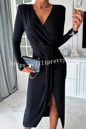 Miaoih Slim Fit V Neck Pleated Long Sleeve Midi Dress