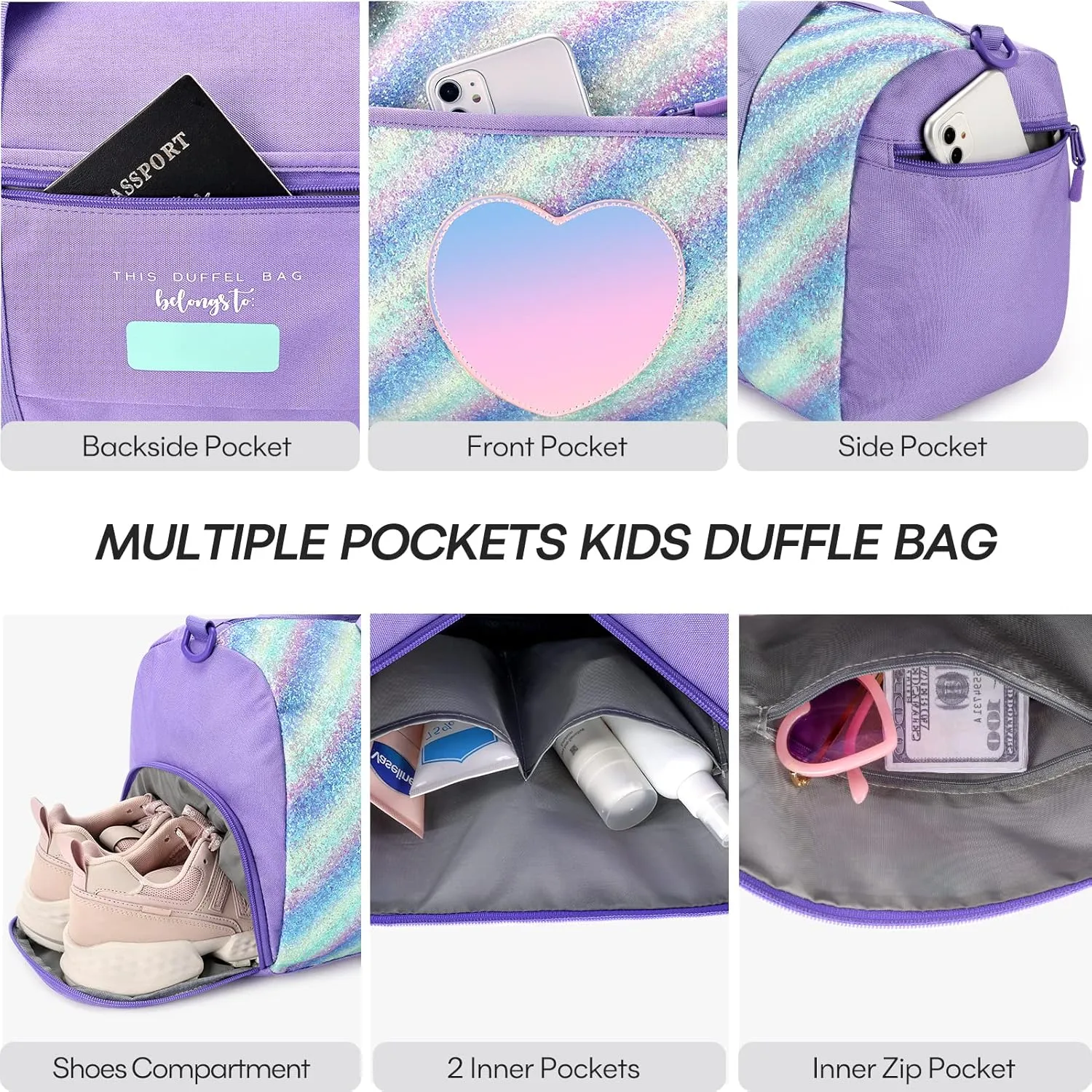 mibasies Dance Bag for Girls Duffle Bag Kids Overnight Travel Sleepover Bags Sport Gym Bag with Shoes Compartment(Green Blue Purple)
