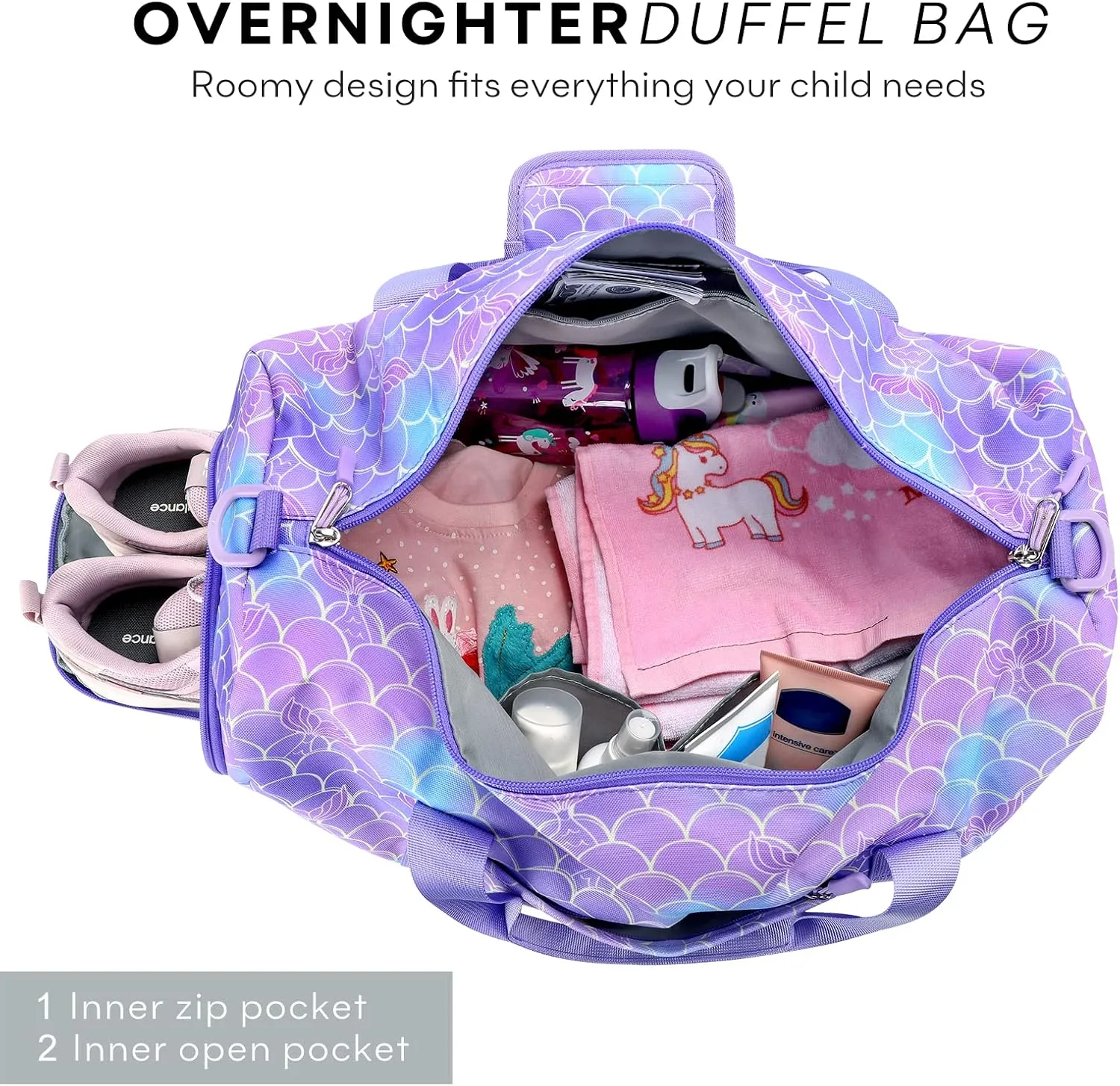 mibasies Dance Bag for Girls Duffle Bag Kids Overnight Travel Sleepover Bags Sport Gym Bag with Shoes Compartment(Green Blue Purple)