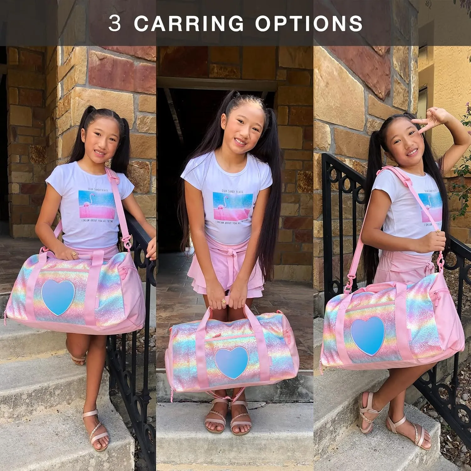 mibasies Dance Bag for Girls Duffle Bag Kids Overnight Travel Sleepover Bags Sport Gym Bag with Shoes Compartment(Green Blue Purple)