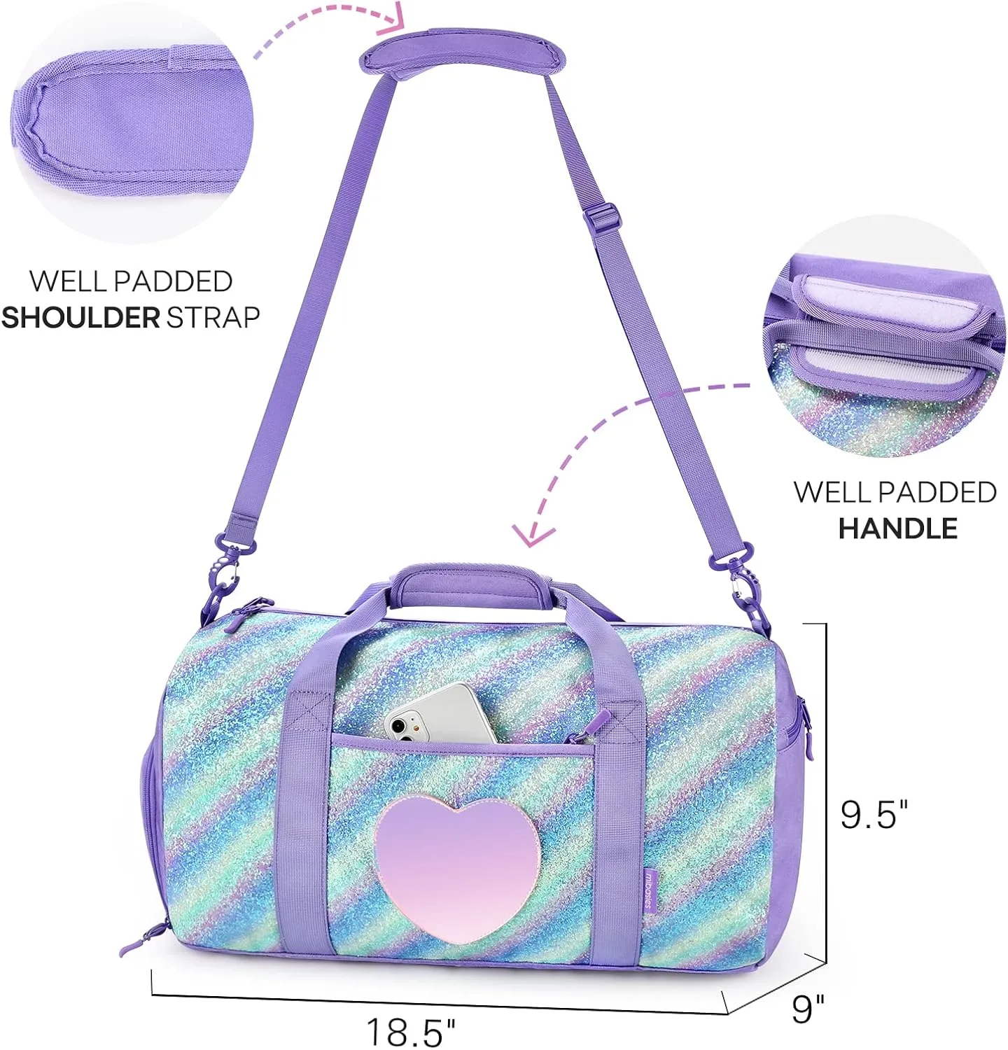 mibasies Dance Bag for Girls Duffle Bag Kids Overnight Travel Sleepover Bags Sport Gym Bag with Shoes Compartment(Green Blue Purple)