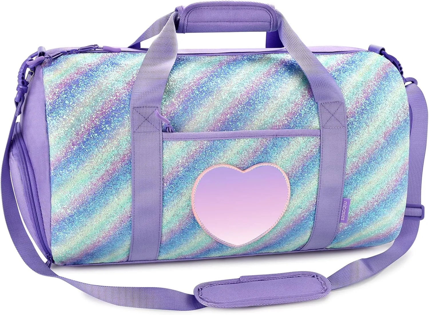 mibasies Dance Bag for Girls Duffle Bag Kids Overnight Travel Sleepover Bags Sport Gym Bag with Shoes Compartment(Green Blue Purple)