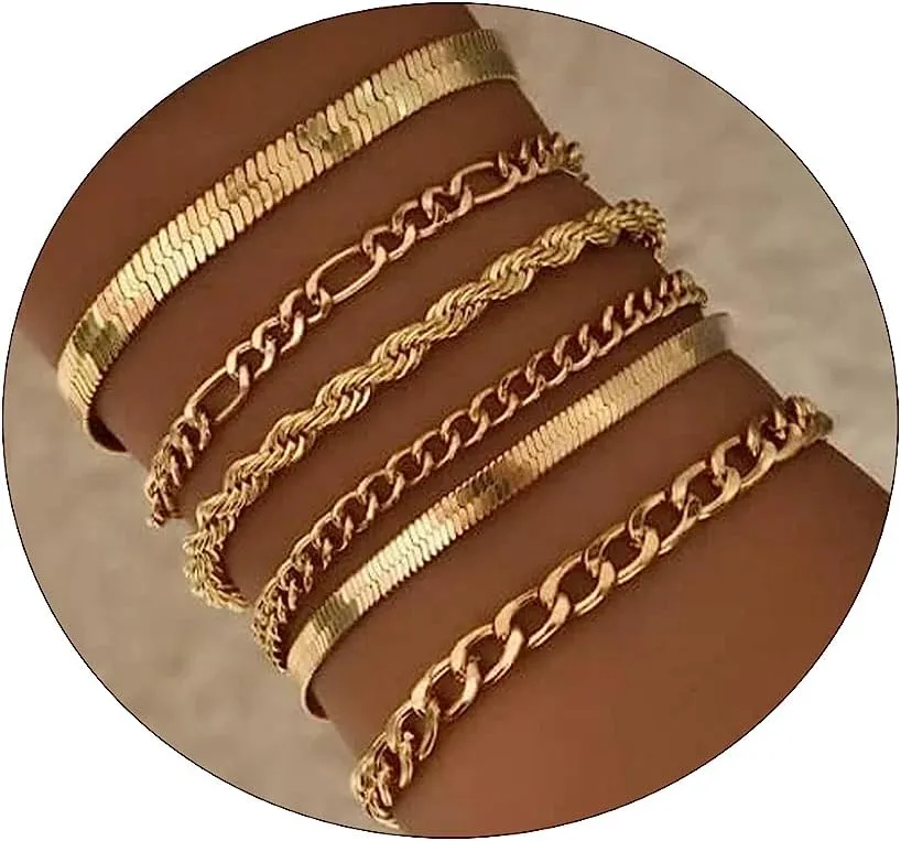 MIDEEO Dainty Gold Layered Bracelet for Women 14K Gold Plated Layered Bracelet Set Layering Bracelets Simple Satellite Box Coins Beaded Layering Set Women Jewelry Gift