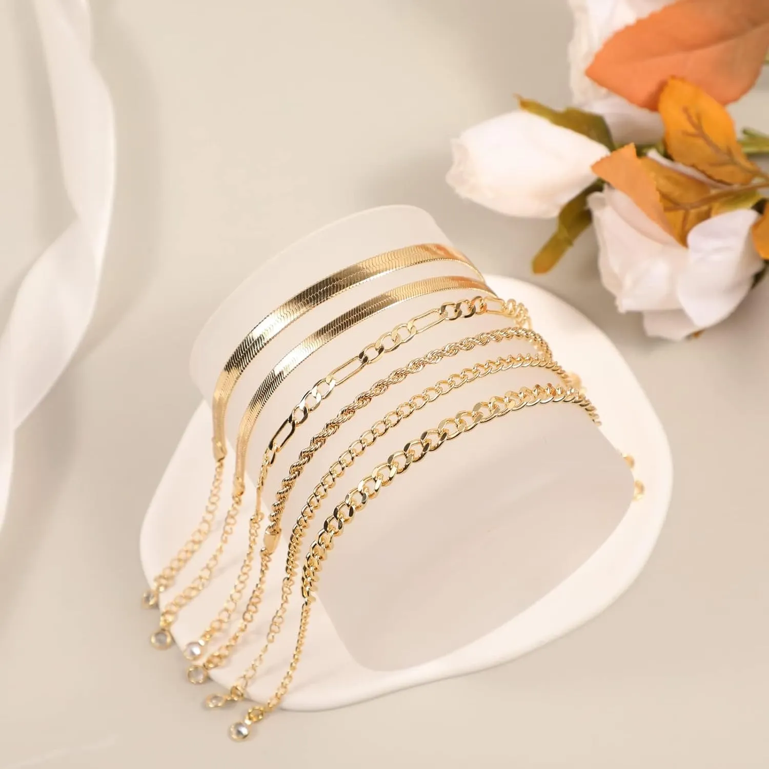 MIDEEO Dainty Gold Layered Bracelet for Women 14K Gold Plated Layered Bracelet Set Layering Bracelets Simple Satellite Box Coins Beaded Layering Set Women Jewelry Gift