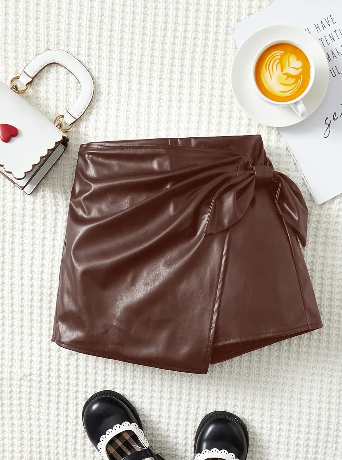 Milumia Girl's PU Leather Wrap Knot Side Skorts Casual Ruched Elastic Waist Shorts