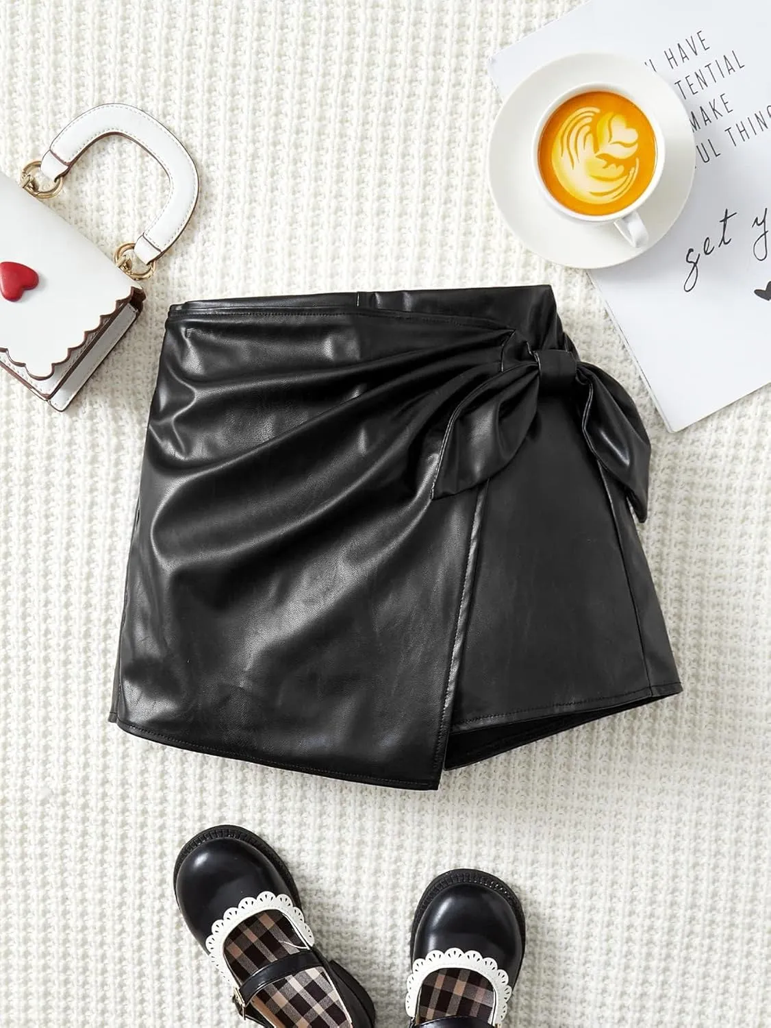 Milumia Girl's PU Leather Wrap Knot Side Skorts Casual Ruched Elastic Waist Shorts