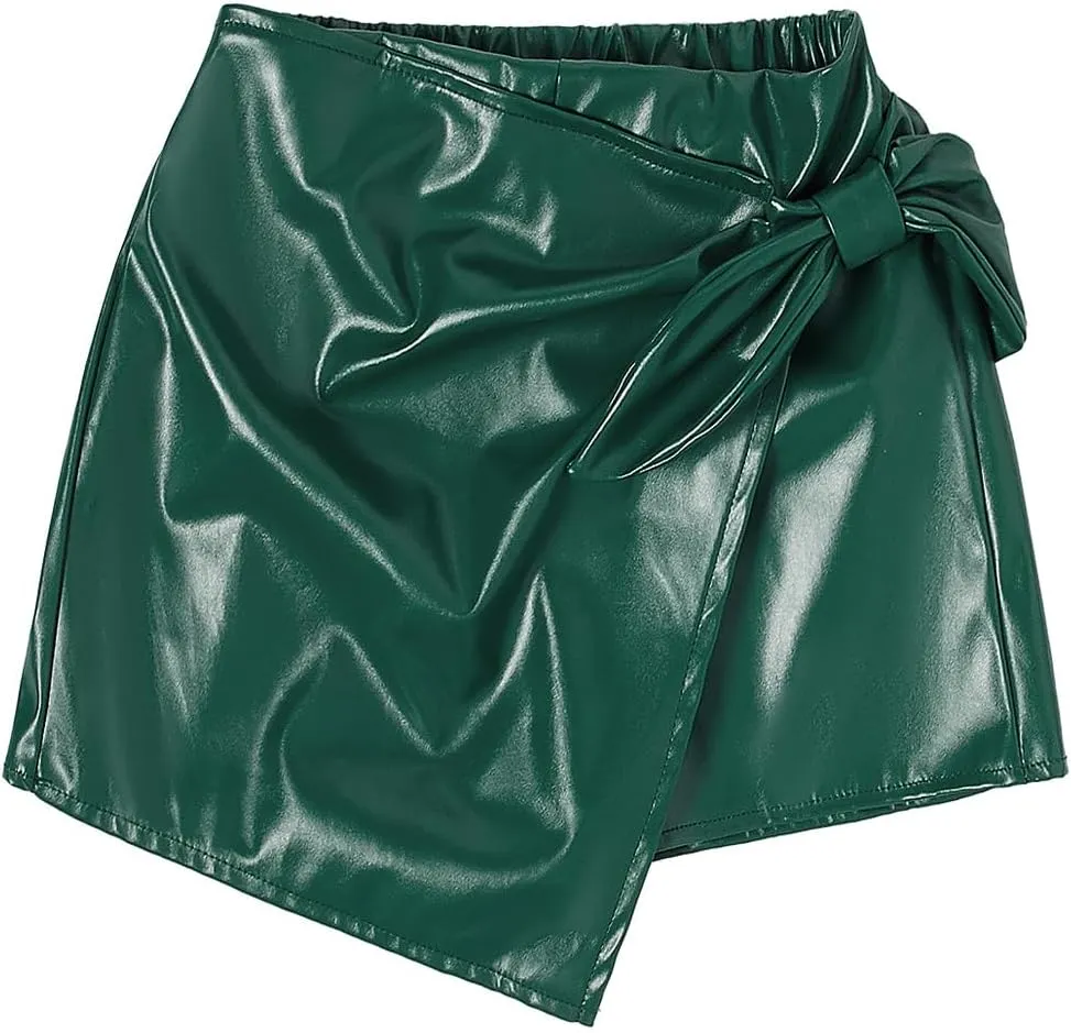 Milumia Girl's PU Leather Wrap Knot Side Skorts Casual Ruched Elastic Waist Shorts