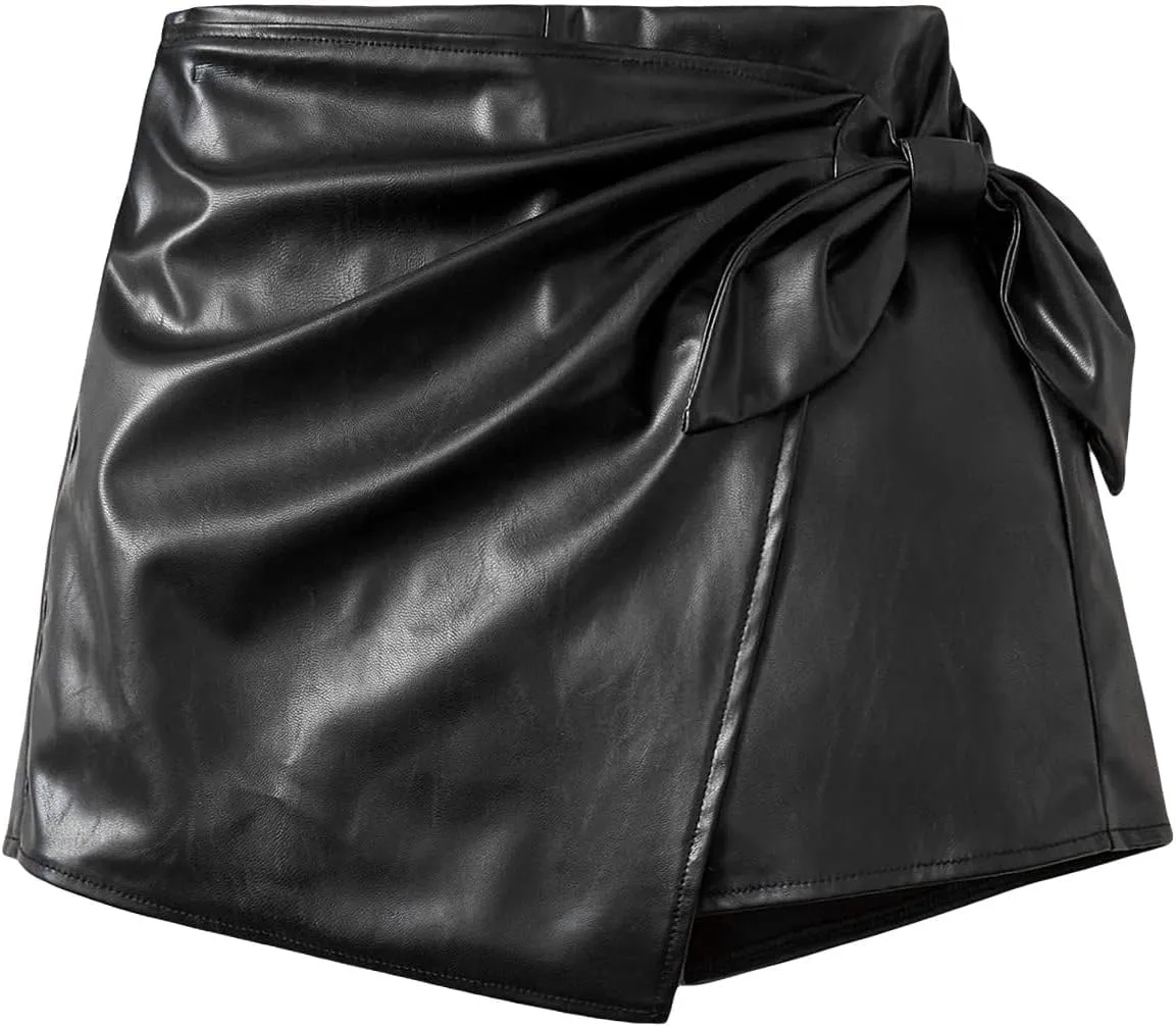 Milumia Girl's PU Leather Wrap Knot Side Skorts Casual Ruched Elastic Waist Shorts