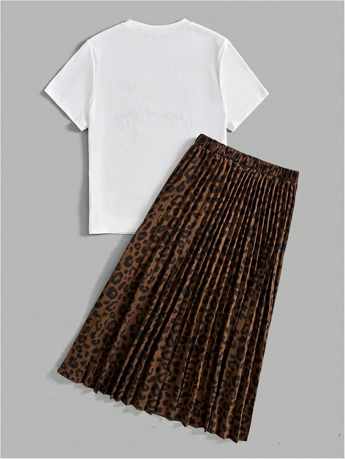 Milumia Women's 2 Piece Outfit Letter Print Crew Neck T Shirt and Leopard Pleated Midi Skirt Set