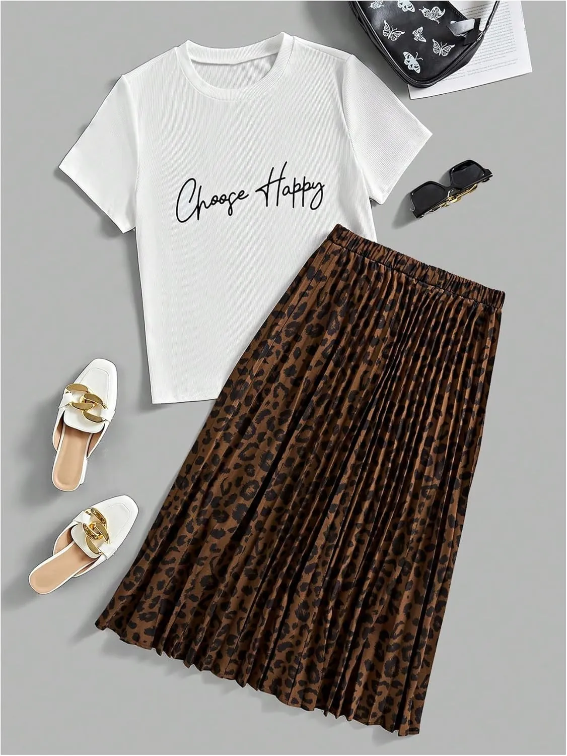 Milumia Women's 2 Piece Outfit Letter Print Crew Neck T Shirt and Leopard Pleated Midi Skirt Set