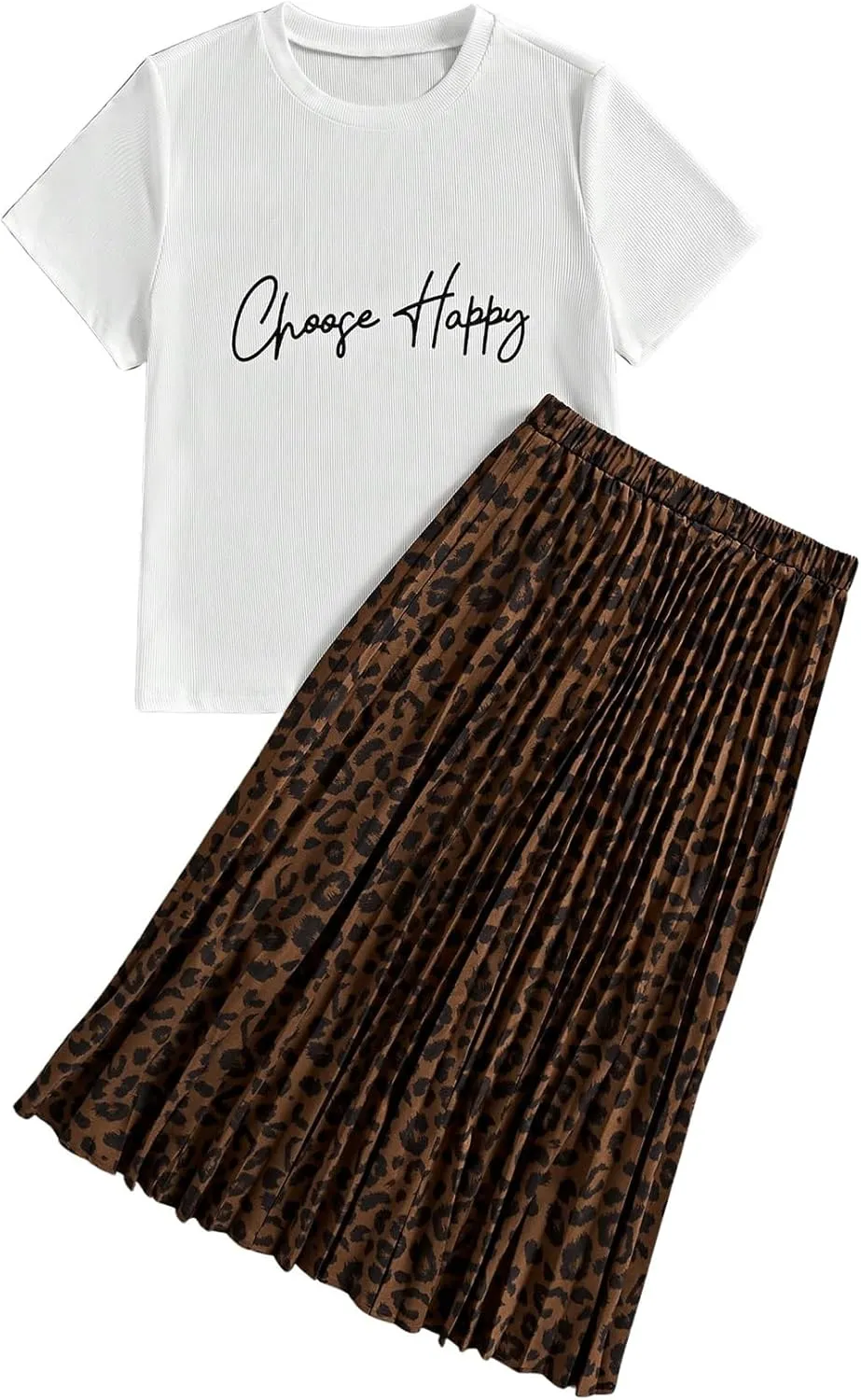 Milumia Women's 2 Piece Outfit Letter Print Crew Neck T Shirt and Leopard Pleated Midi Skirt Set