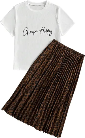 Milumia Women's 2 Piece Outfit Letter Print Crew Neck T Shirt and Leopard Pleated Midi Skirt Set