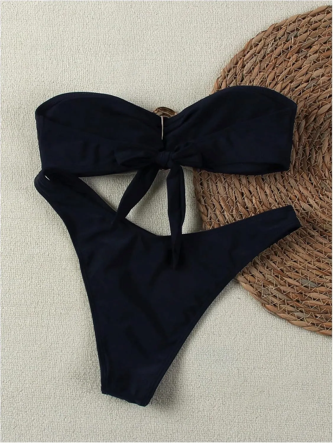 Milumia Women's Metal Ring Strapless Bikini Set High Cut Two Piece Bandeau Swimsuit Bathing Suit