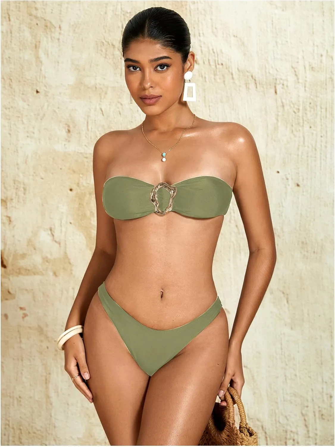 Milumia Women's Metal Ring Strapless Bikini Set High Cut Two Piece Bandeau Swimsuit Bathing Suit