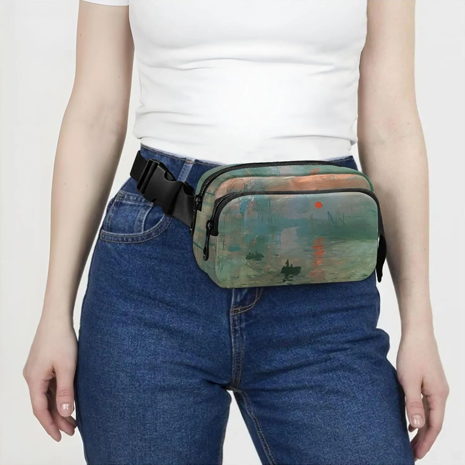 Monet Sunrise Impression Painting Women Fanny Packs Neon Hip Pouch Belt Bag Waterproof Waist Purse for Women