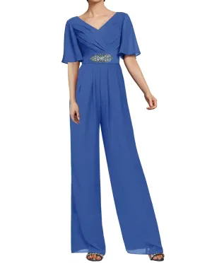 Mother of The Bride Dresses Pants Suits for Wedding Chiffon Long Formal Evening Dress V-Neck Women's Jumpsuits