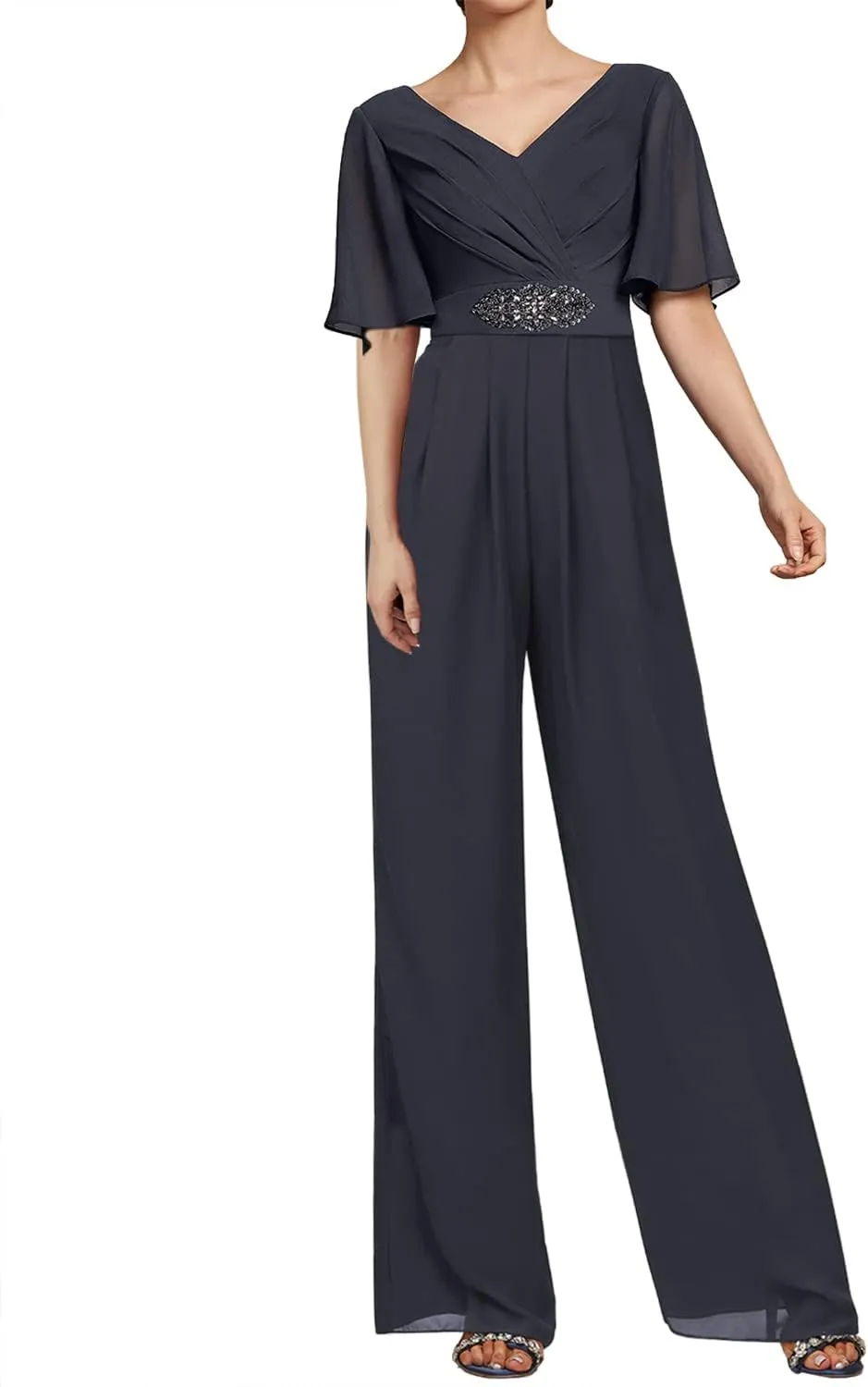 Mother of The Bride Dresses Pants Suits for Wedding Chiffon Long Formal Evening Dress V-Neck Women's Jumpsuits