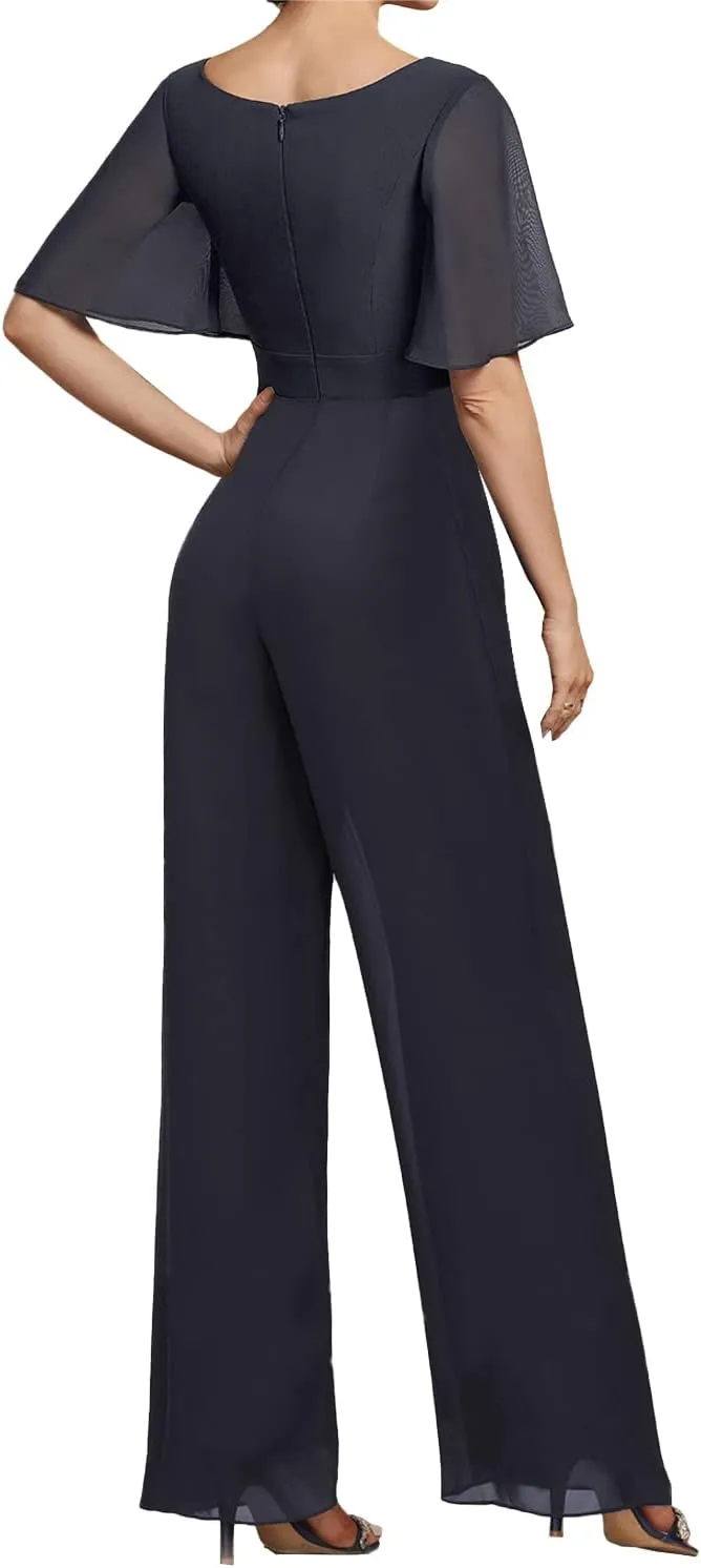 Mother of The Bride Dresses Pants Suits for Wedding Chiffon Long Formal Evening Dress V-Neck Women's Jumpsuits