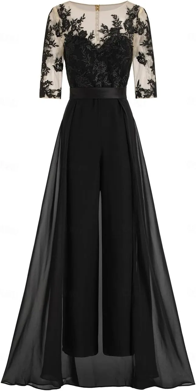 Mother of The Bride Pant Suits for Womens Dressy Chiffon Lace 3/4 Sleeves Wedding Jumpsuits