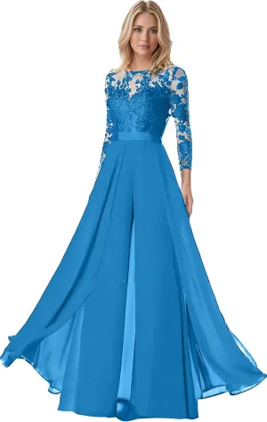Mother of The Bride Pant Suits for Womens Dressy Chiffon Lace 3/4 Sleeves Wedding Jumpsuits