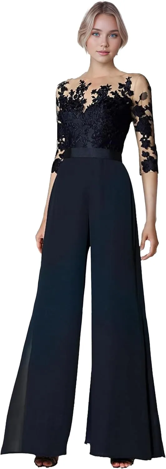 Mother of The Bride Pant Suits for Womens Dressy Chiffon Lace 3/4 Sleeves Wedding Jumpsuits