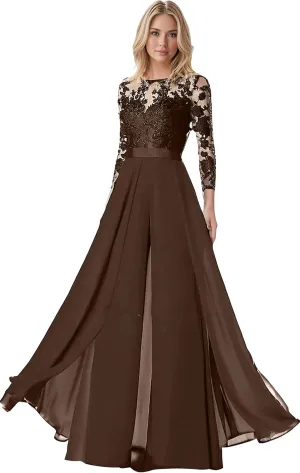Mother of The Bride Pant Suits for Womens Dressy Chiffon Lace 3/4 Sleeves Wedding Jumpsuits