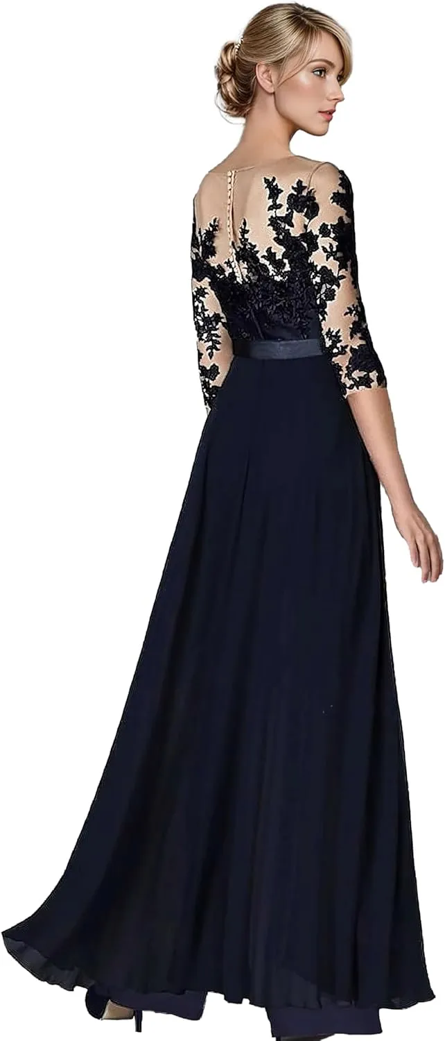 Mother of The Bride Pant Suits for Womens Dressy Chiffon Lace 3/4 Sleeves Wedding Jumpsuits