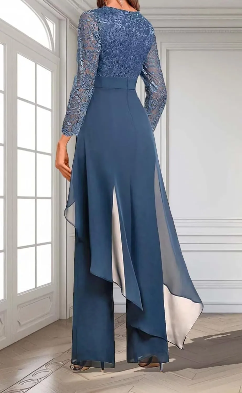 Mother of The Bride Pants Suits Dresses for Wedding Chiffon 2 Pcs Formal Pant Suits V-Neck Women's Jumpsuits