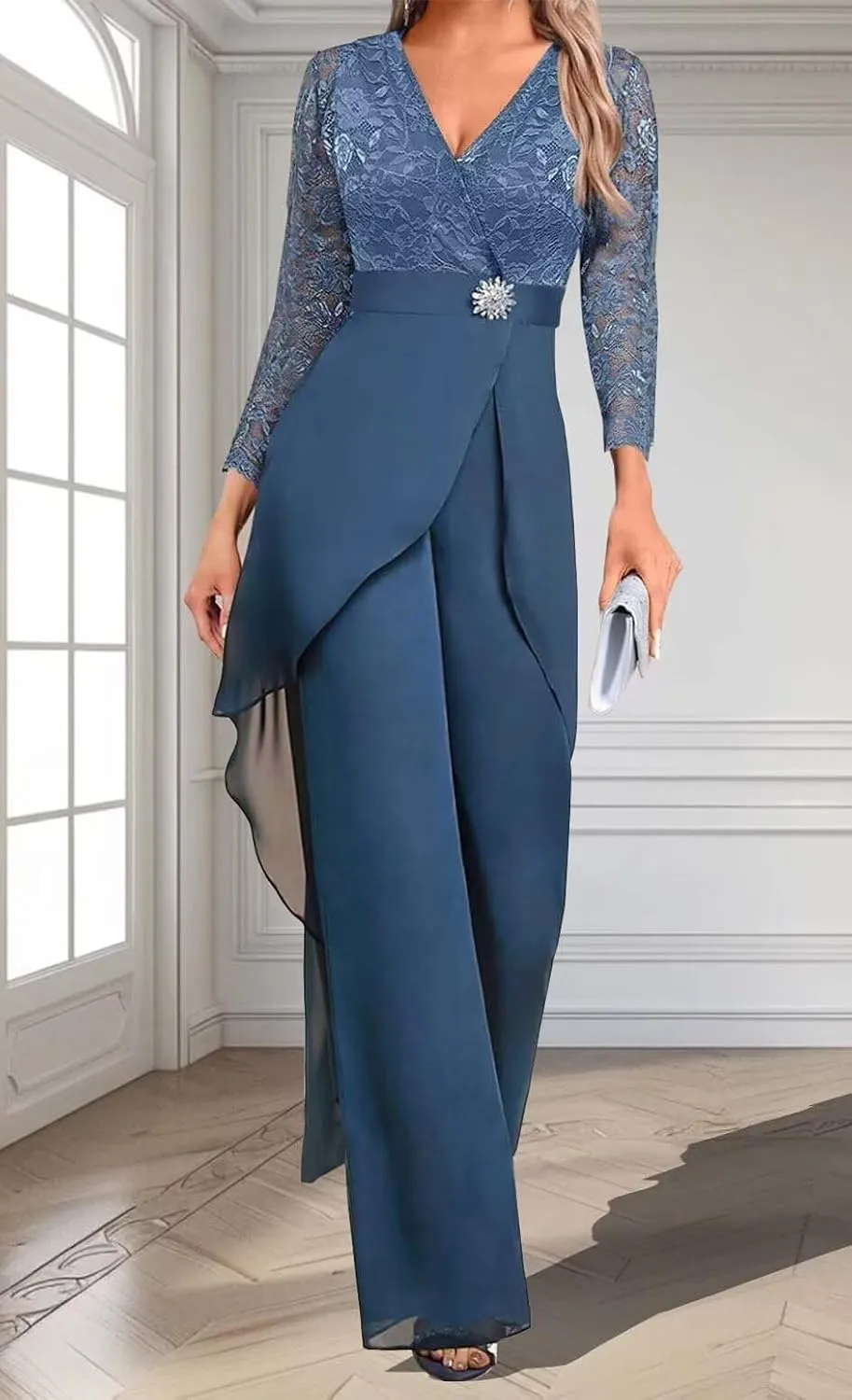 Mother of The Bride Pants Suits Dresses for Wedding Chiffon 2 Pcs Formal Pant Suits V-Neck Women's Jumpsuits
