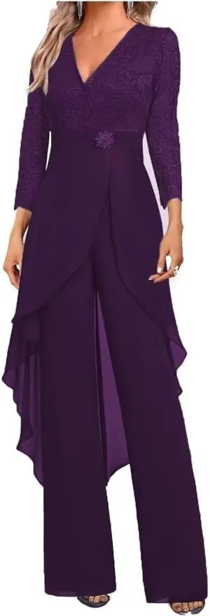 Mother of The Bride Pants Suits Dresses for Wedding Chiffon 2 Pcs Formal Pant Suits V-Neck Women's Jumpsuits
