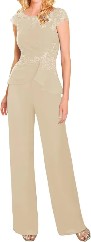 Mother of The Bride Pants Suits Dresses for Wedding Chiffon Long Formal Evening Gowns Lace Appliques Jumpsuits