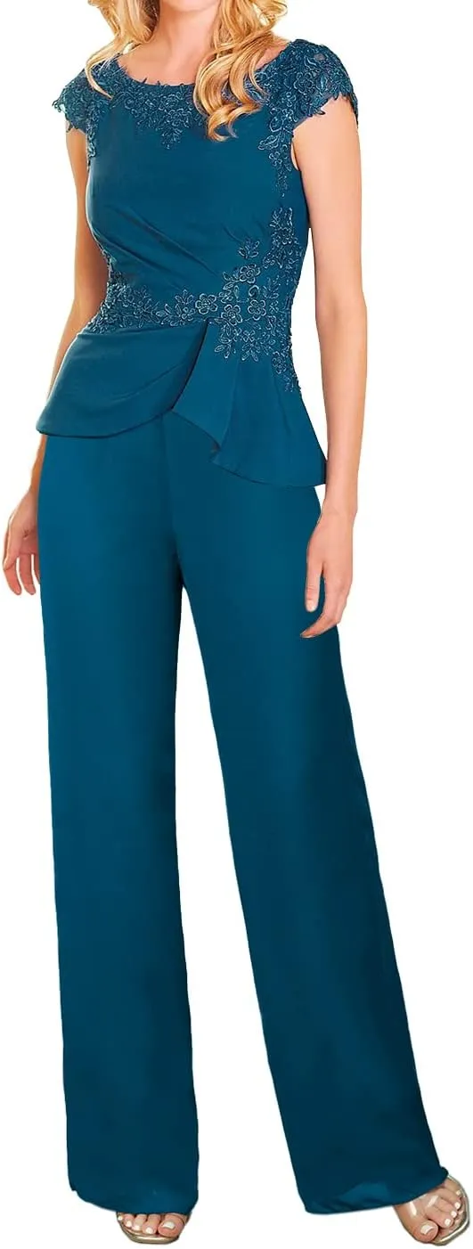 Mother of The Bride Pants Suits Dresses for Wedding Chiffon Long Formal Evening Gowns Lace Appliques Jumpsuits