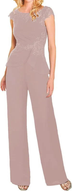 Mother of The Bride Pants Suits Dresses for Wedding Chiffon Long Formal Evening Gowns Lace Appliques Jumpsuits