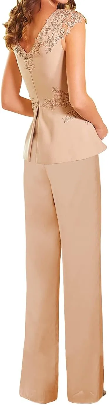 Mother of The Bride Pants Suits Dresses for Wedding Chiffon Long Formal Evening Gowns Lace Appliques Jumpsuits
