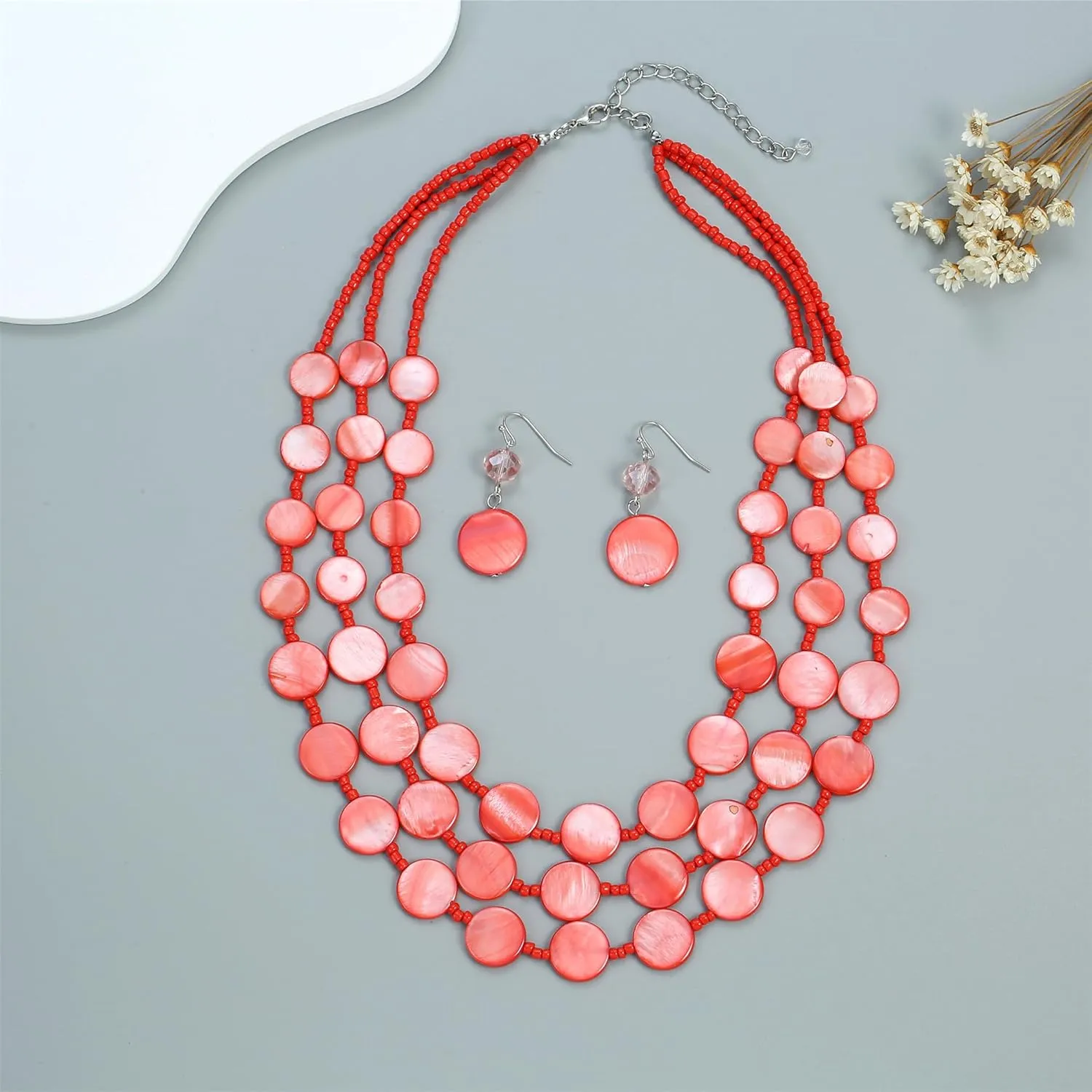Multi layered Chunky Beaded Necklaces for Women Boho Colorful Shell Strand Statement Necklaces With Earrings Set Fashion Costume Jewelry Gifts