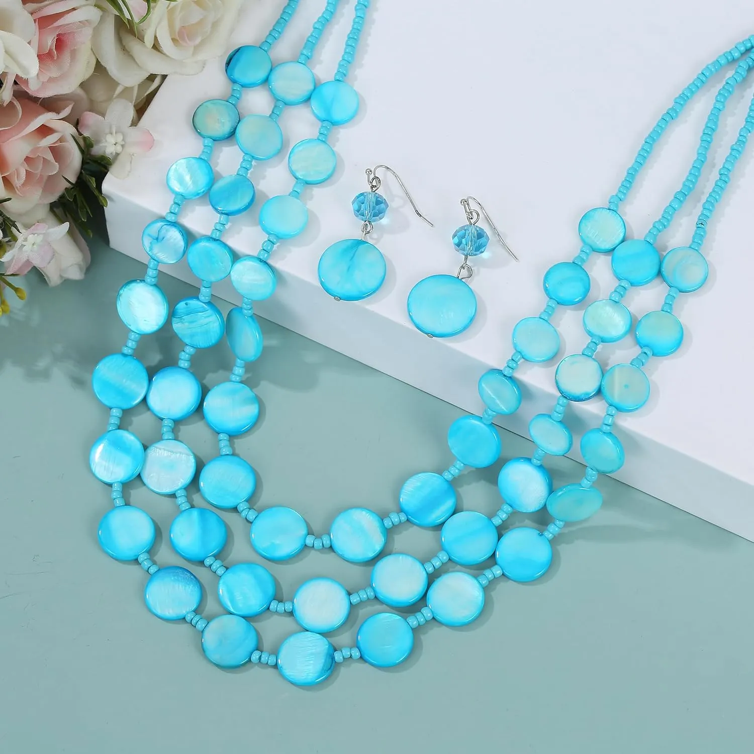 Multi layered Chunky Beaded Necklaces for Women Boho Colorful Shell Strand Statement Necklaces With Earrings Set Fashion Costume Jewelry Gifts