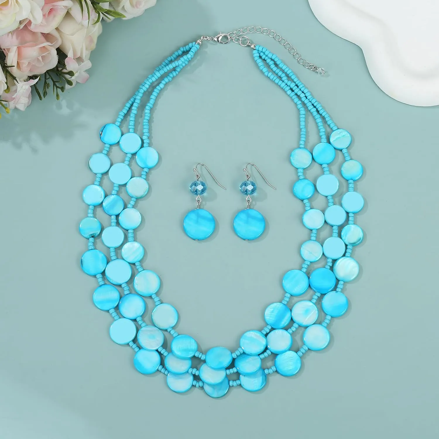 Multi layered Chunky Beaded Necklaces for Women Boho Colorful Shell Strand Statement Necklaces With Earrings Set Fashion Costume Jewelry Gifts