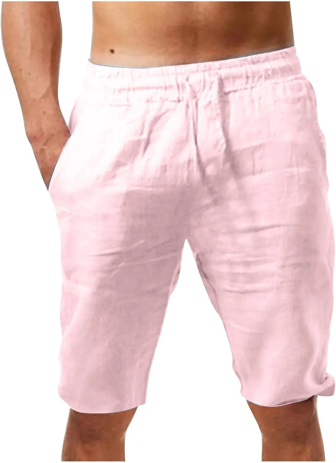 Muscularfit Mens Casual Shorts 11 Inch Inseam Cotton Linen Shorts Drawstring Elastic Waist Shorts Summer Fashion Beach Shorts