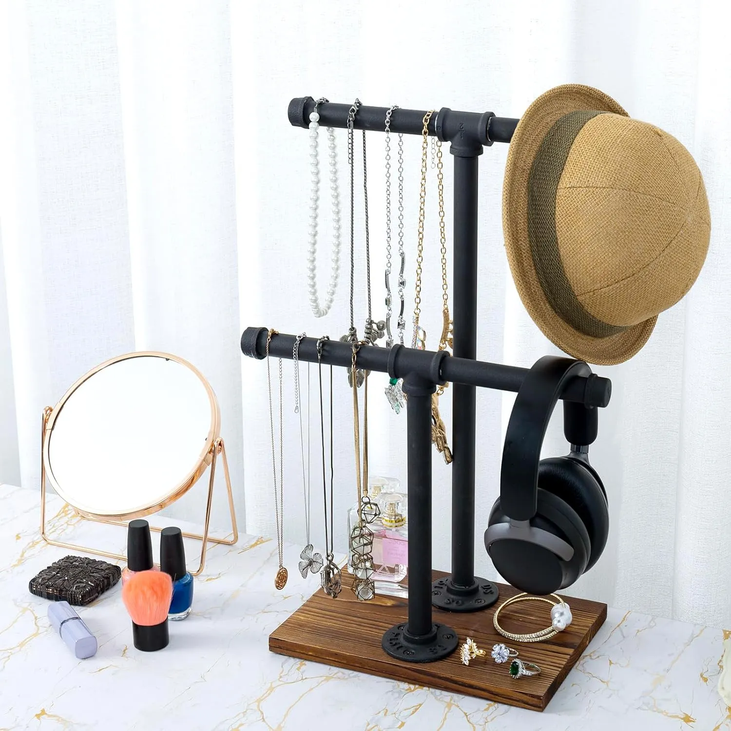 MyGift Adjustable 2-Tier Industrial Jewelry Display Stand - Rustic Metal Pipe & Brown Wood Base for Necklaces, Bracelets, Watches - Home & Boutique Decor (11.75" H)