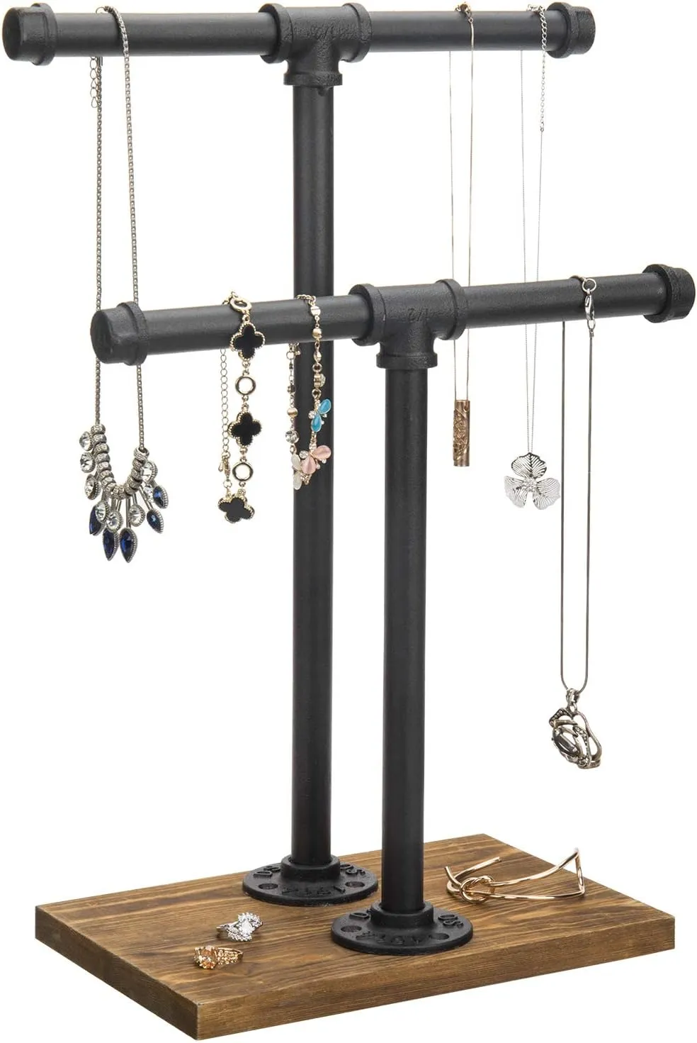 MyGift Adjustable 2-Tier Industrial Jewelry Display Stand - Rustic Metal Pipe & Brown Wood Base for Necklaces, Bracelets, Watches - Home & Boutique Decor (11.75" H)