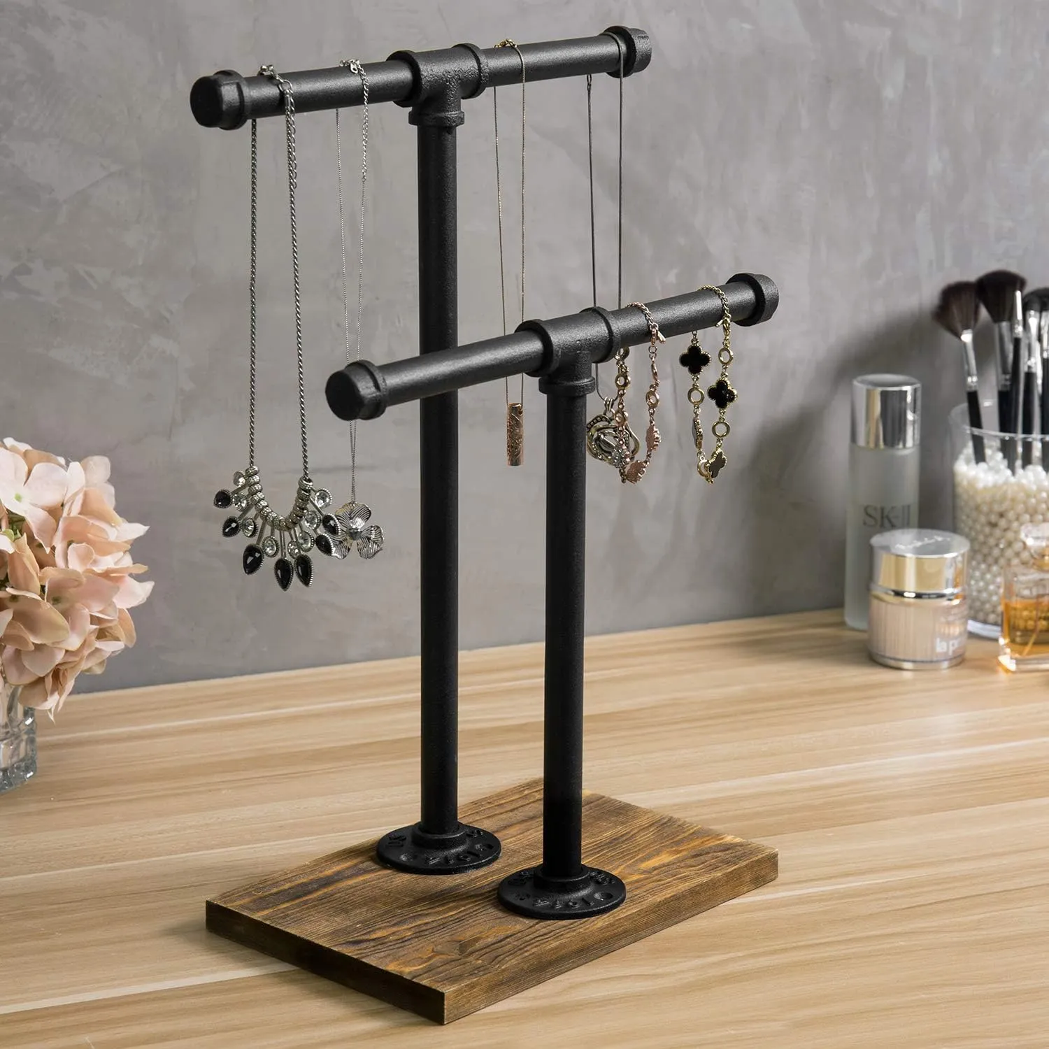MyGift Adjustable 2-Tier Industrial Jewelry Display Stand - Rustic Metal Pipe & Brown Wood Base for Necklaces, Bracelets, Watches - Home & Boutique Decor (11.75" H)