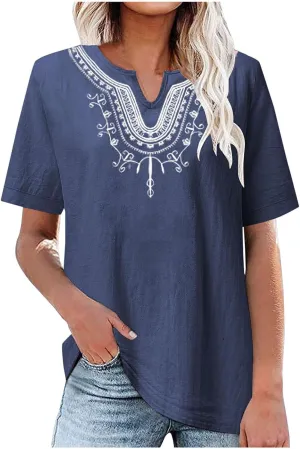 Mzkdieey Women's Embroidered Blouse Cotton Linen Short Sleeve Peasant Boho Tunic Tops Casual Notch V Neck Loose Fit T-Shirt