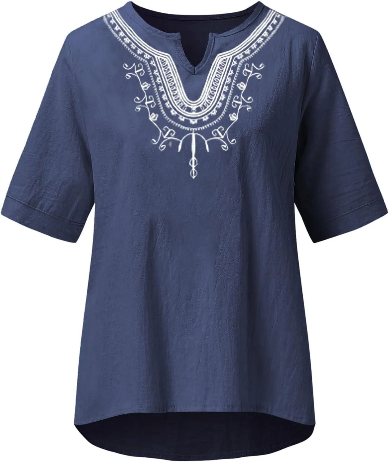 Mzkdieey Women's Embroidered Blouse Cotton Linen Short Sleeve Peasant Boho Tunic Tops Casual Notch V Neck Loose Fit T-Shirt
