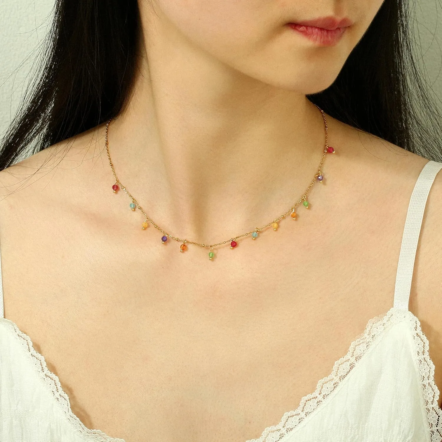 Natural Stone Necklaces for Women 14K Gold Plated waterproof Dainty Colorful Beaded Charm Choker Delicate Cute Summer Boho Beach Necklaces Jewelry Gift Sister, best friend, Birthday