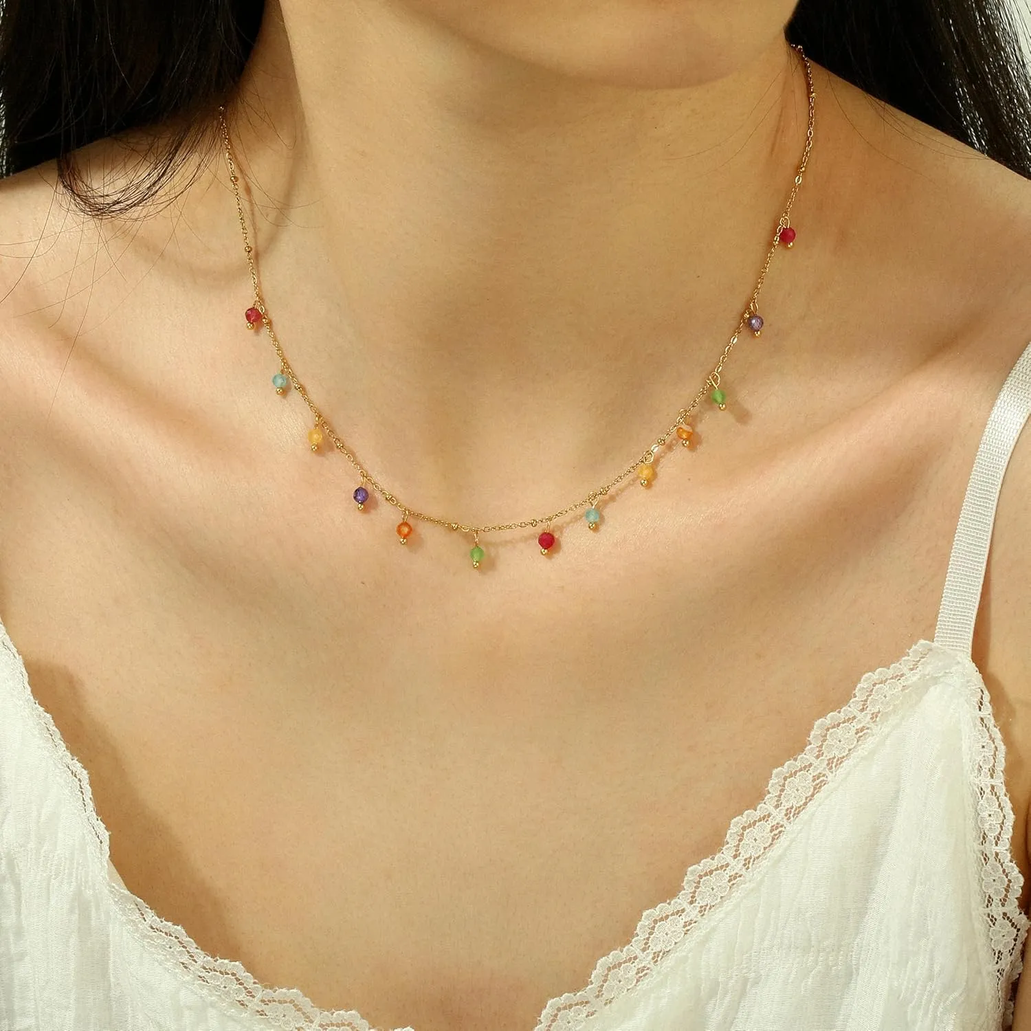 Natural Stone Necklaces for Women 14K Gold Plated waterproof Dainty Colorful Beaded Charm Choker Delicate Cute Summer Boho Beach Necklaces Jewelry Gift Sister, best friend, Birthday