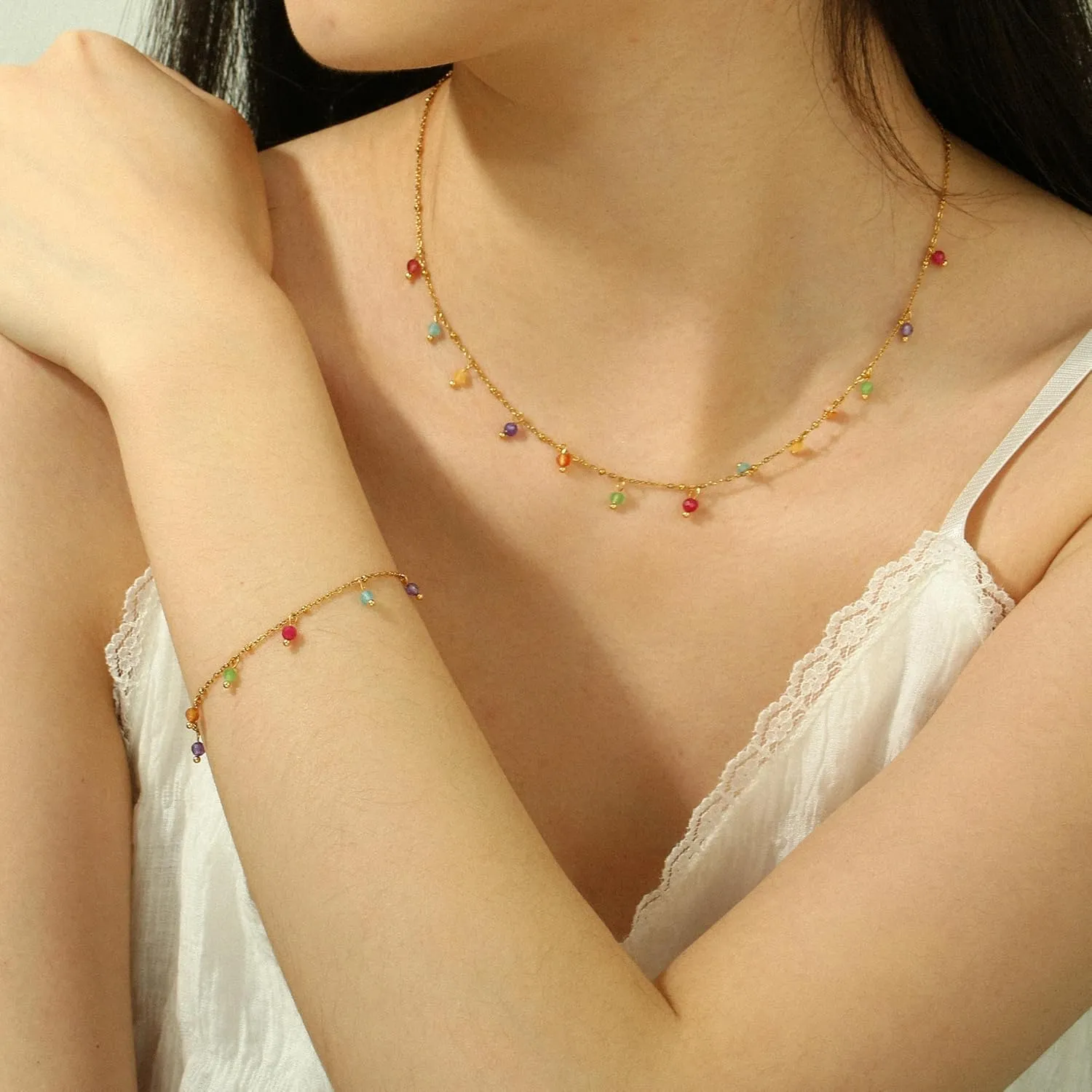 Natural Stone Necklaces for Women 14K Gold Plated waterproof Dainty Colorful Beaded Charm Choker Delicate Cute Summer Boho Beach Necklaces Jewelry Gift Sister, best friend, Birthday